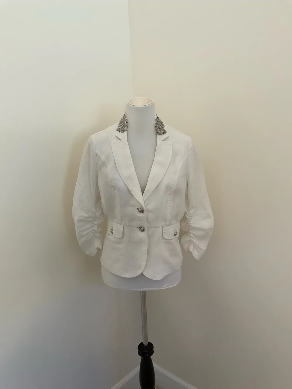 INC International Concepts White Linen Ruch Sleeve Peplum Jacket